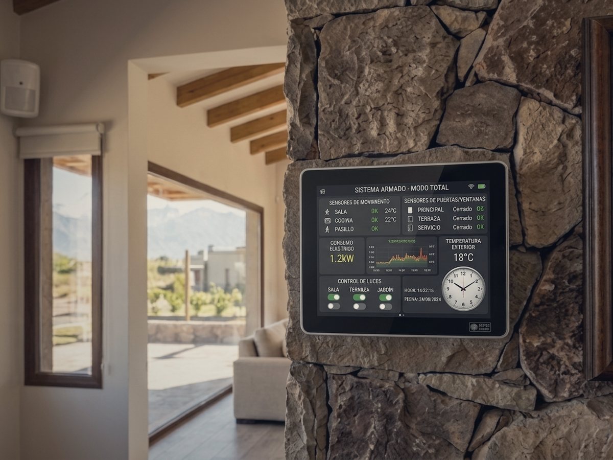 Panel táctil de alarma en una pared de piedra mostrando el estado de los sensores de la casa